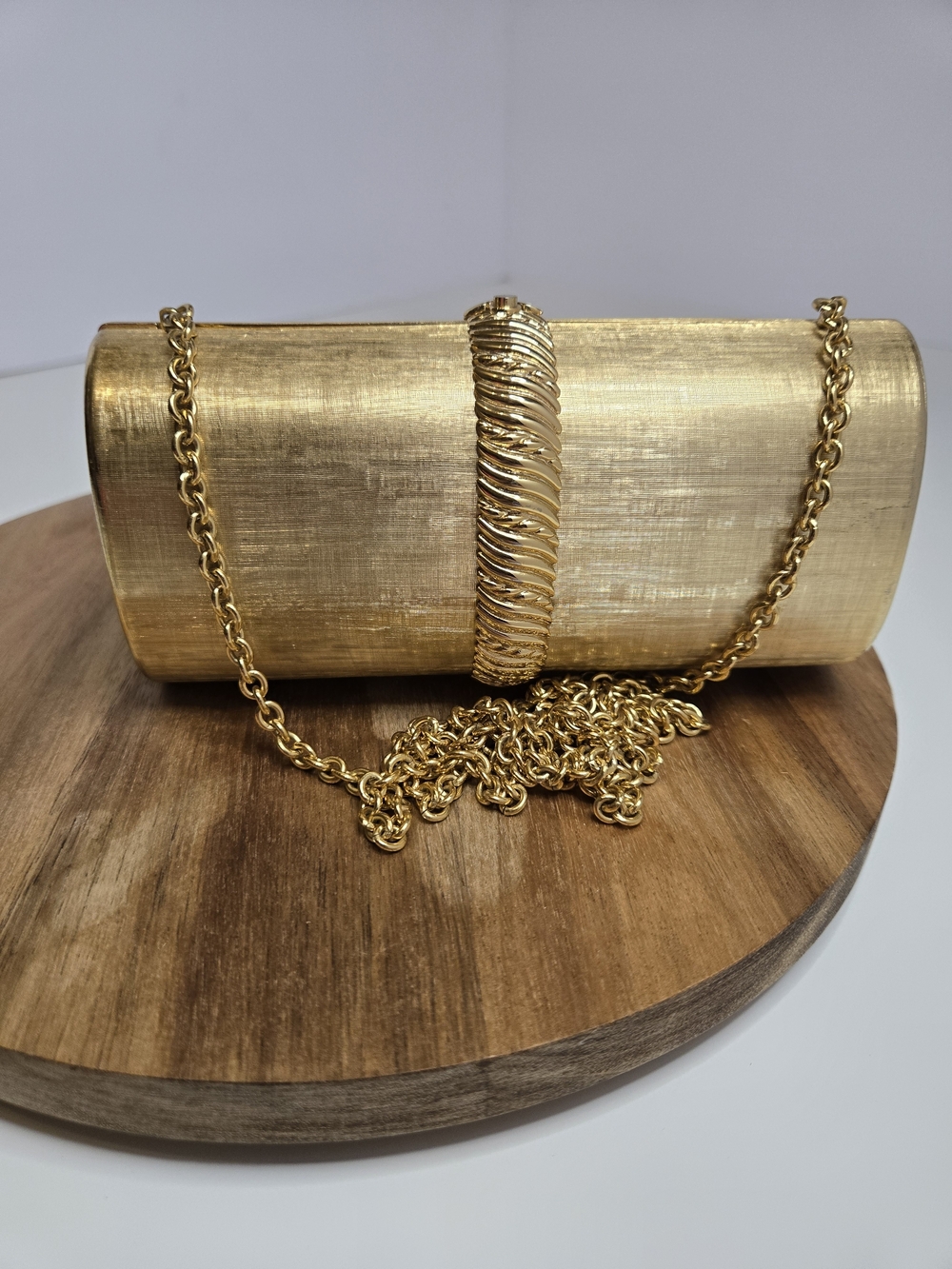 Rodo Gold Metallic Cylinder Clutch with Chain